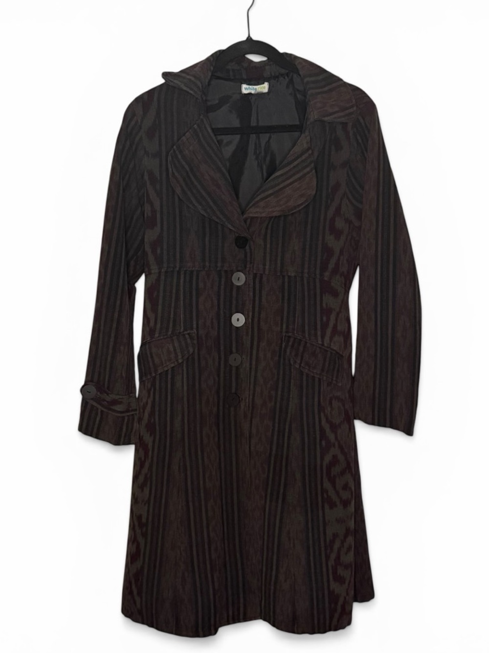 Womens Long Button-Front Coat in Dark Brown Stripe